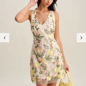 Rihoas Floral Embroidered V-Neck Sheath Dress in Cream and Pastel Flowers